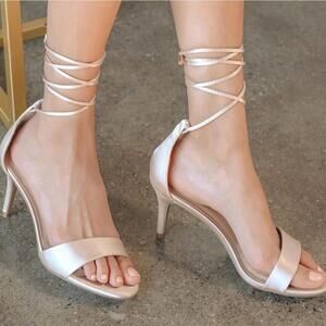 Lulus Clairee Champagne Satin Lace-Up Heels — Size 9 (Euro 40)